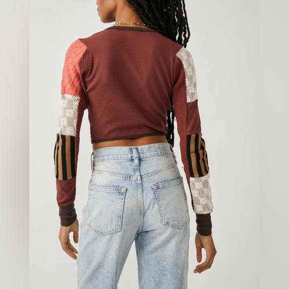NWT Free People Pieces Of Me Brown Patchwork Crop Button Down Cardigan Top Large - Picture 4 of 8